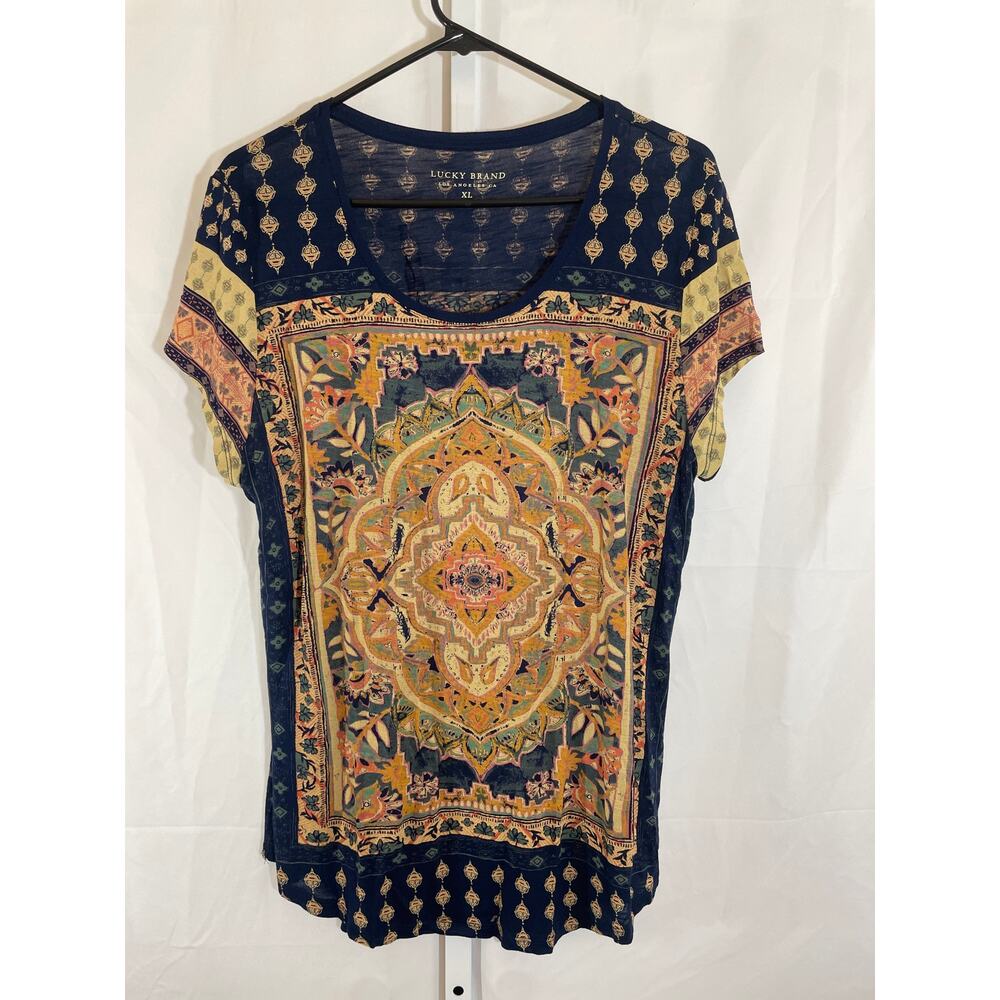 Lucky Brand Navy Blue Multicolor Medallion Short Sleeve Tee